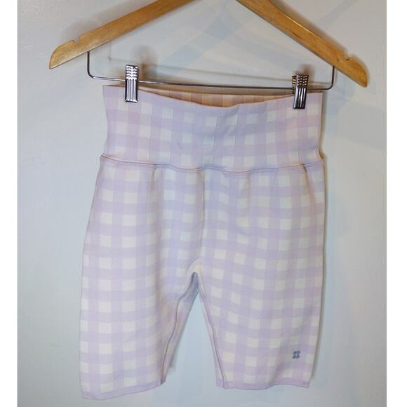 Sweaty Betty High Waisted Checkered Biker Shorts Size 12 Lavender White Workout - Picture 1 of 9